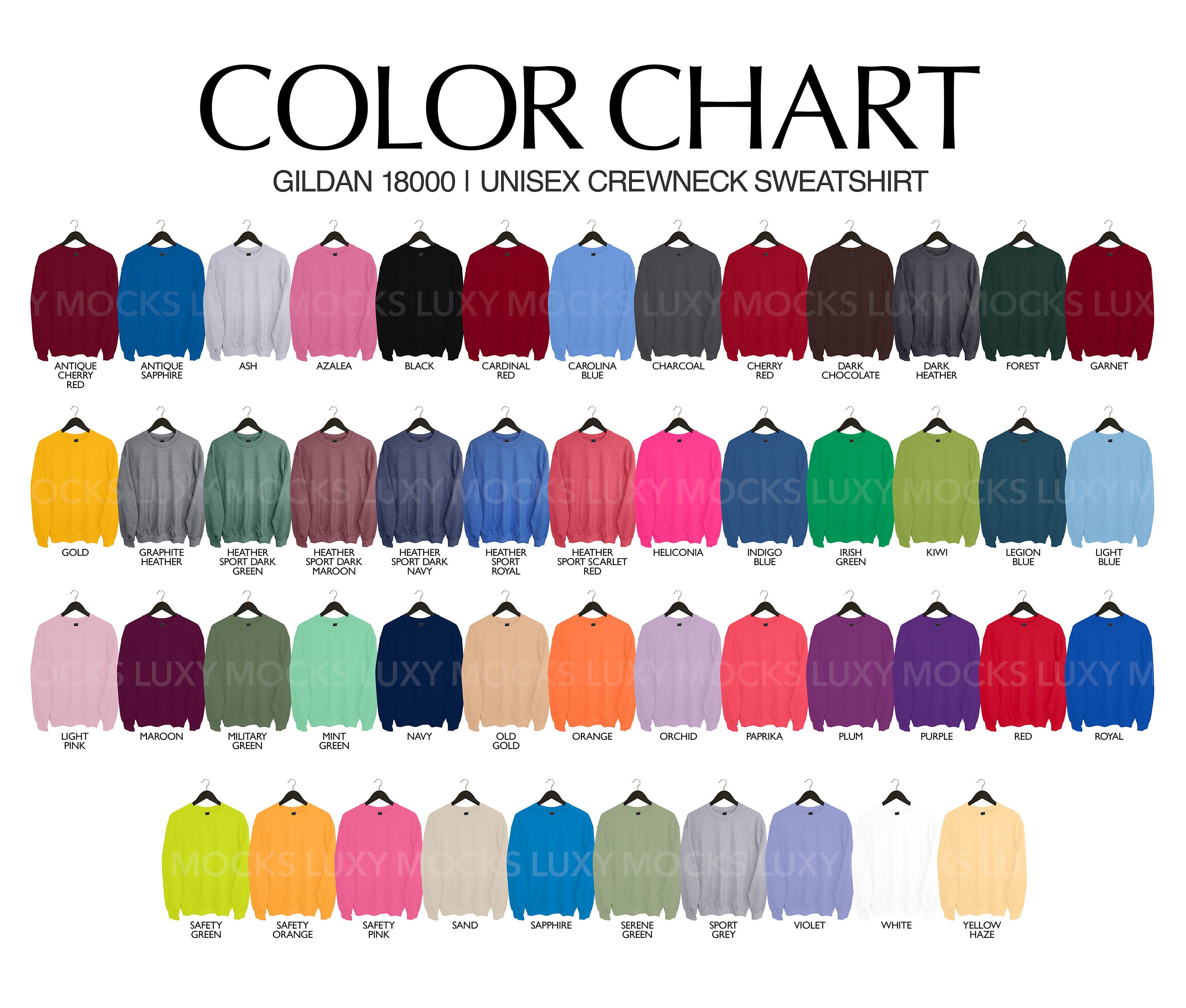 Editable Color Chart Gildan 18000 G180 Unisex Hanger Style Etsy