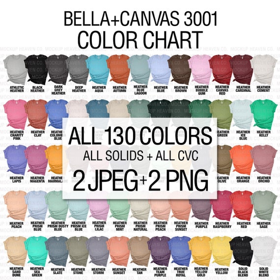 Bella Canvas 3001 Color Chart Mockup: 130 Colors (JPEG & PNG)