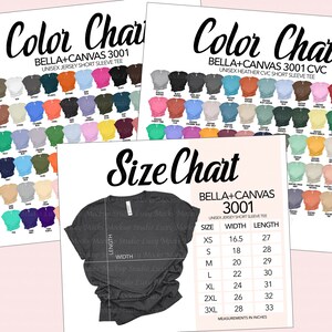 May include: Color chart for Bella + Canvas 3001 unisex jersey short sleeve tee and Bella + Canvas 3001 CVC unisex heather CVC short sleeve tee. The chart shows a variety of colors and includes a size chart with measurements in inches.
