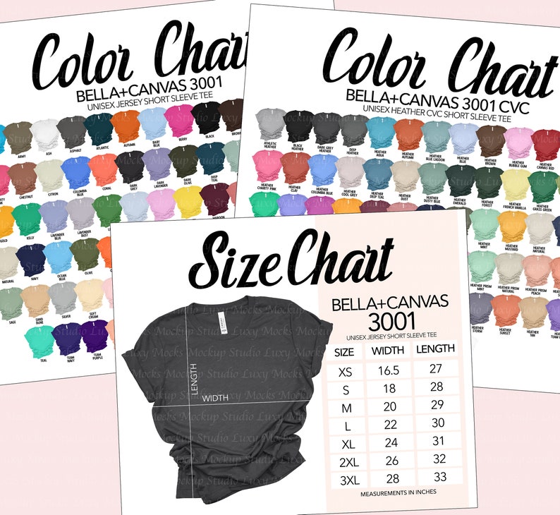 May include: Color chart for Bella + Canvas 3001 unisex jersey short sleeve tee and Bella + Canvas 3001 CVC unisex heather CVC short sleeve tee. The chart shows a variety of colors and includes a size chart with measurements in inches.