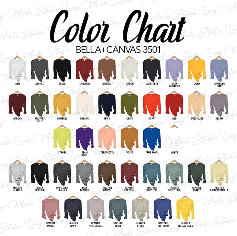 Bella Canvas 3501 Color Chart | Women's Style on Hanger | JPEG Format ...