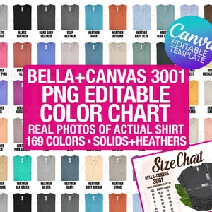 Plantilla Canva Bella Canvas 3001 Tabla de colores editable y tabla de tallas PNG transparente Maqueta paquete / Fotos reales / Maquetas plegadas unisex