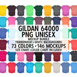 Maqueta de camiseta Gildan 64000: 73 colores, talla y carta de colores (PNG)