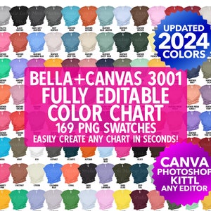Tabla de colores editable DIY Bella Canvas 3001 Unisex Urban 169 colores como muestras PNG individuales + plantillas / ¡Tabla de tallas adicional incluida!