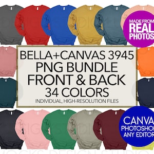 May include: A collection of 34 different color crew neck sweatshirts, Bella + Canvas 3945, in a PNG bundle. The image shows the front and back of each sweatshirt. The text "MADE FROM REAL PHOTOS" and "CANVA, PHOTOSHOP, ANY EDITOR" is also included in the image.