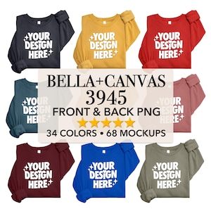 Maqueta de sudadera doblada por delante y por detrás Bella Canvas 3945, paquete de archivos PNG transparentes individuales + tabla de colores y tabla de tallas editables X2N1