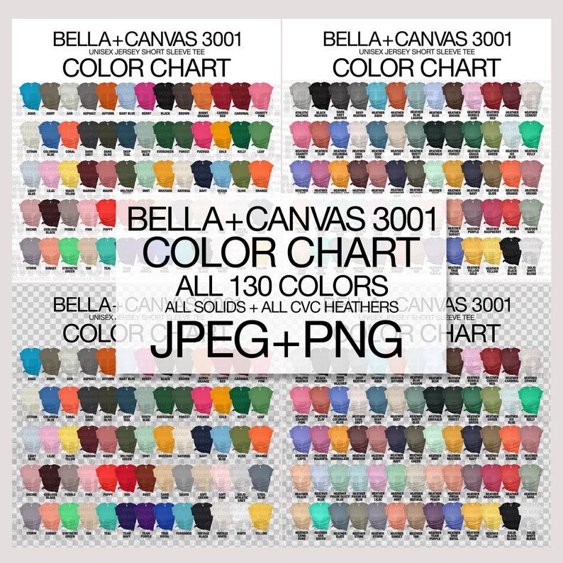 Bella Canvas 3001 Color Chart: 130 Colors (JPEG+PNG) image 1