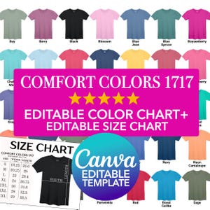 Plantilla Canva Comfort Colors 1717 Tabla de colores editable + Tabla de tallas editable Paquete de maquetas PNG Canva Arrastrar y soltar c1717