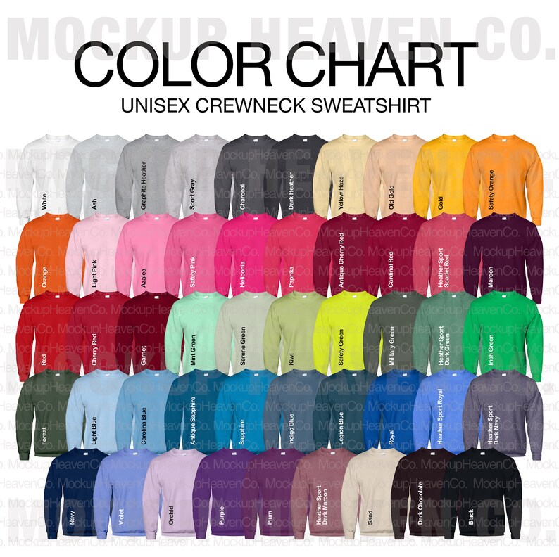 May include: Colour chart for unisex crewneck sweatshirts. The chart shows 36 different colours, including white, ash, graphite heather, sport grey, charcoal, dark heather, yellow haze, old gold, gold, safety orange, orange, light pink, azalea, safety pink, heliconia, paprika, safety green, antique cherry red, cardinal red, heather sport, scarlet red, maroon, mint green, serene green, kiwi, military green, heather sport, dark green, irish green, antique sapphire, sapphire, indigo blue, legion blue, royal, heather sport royal, heather sport, dark navy, forest, light blue, carolina blue, navy, violet, orchid, purple, plum, heather sport, dark maroon, sand, dark chocolate, black.
