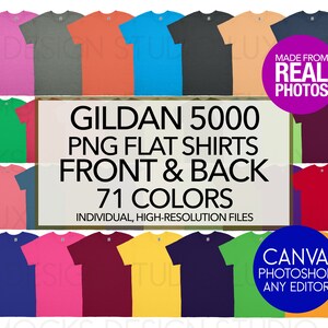 May include: A collection of Gildan 5000 PNG flat shirts in 71 colors, front and back views. The image includes various t-shirt colors like pink, green, blue, and orange. Text on the image says "Made from Real Photos" and "Canva, Photoshop, Any Editor."