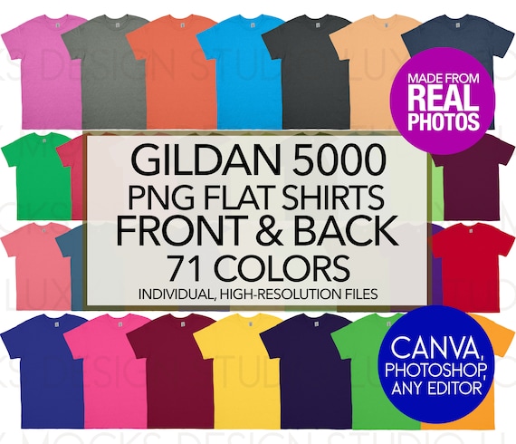 Gildan 5000 G500 PNG Transparent Mockup Bundle Flat PNG Shirt Photos Men Women | Color Chart & Size Chart
