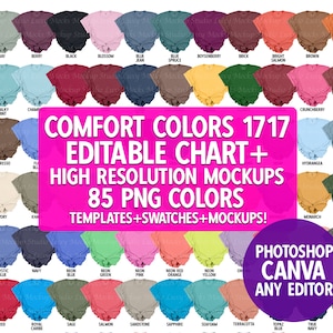 Comfort Colors 1717 DIY Editable Color Chart + PNG Mockup Bundle 85 Colors | Includes Full Color Chart & Size Chart | Women&#39;s Center Knot