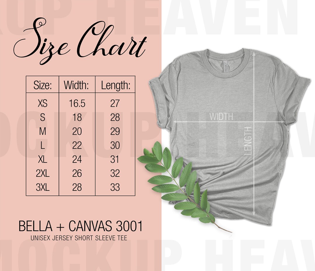 Bella Canvas 3001 Size Chart for Print on Demand Mockup Size Chart ...