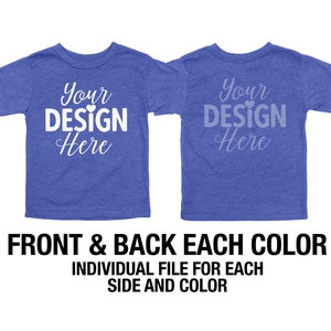 以下が含まれることがあります： 短い袖の青い幼児用Tシャツで、前面と背面に「Your Design Here」という白いデザインが施されています。