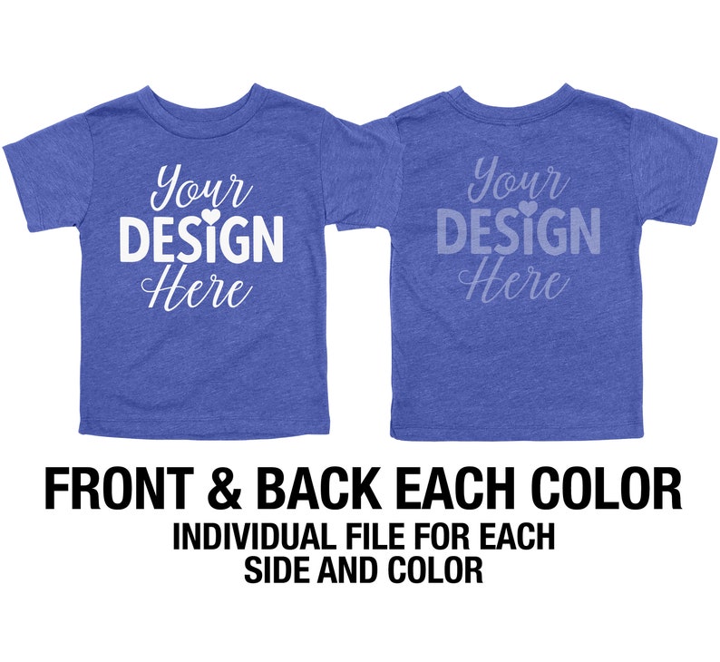 以下が含まれることがあります： 短い袖の青い幼児用Tシャツで、前面と背面に「Your Design Here」という白いデザインが施されています。