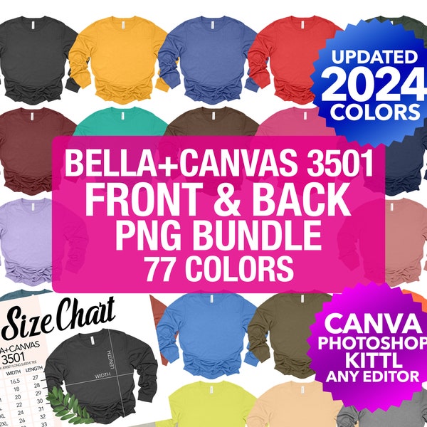 Bella Canvas 3501 Front And Back PNG Transparent Mockup Bundle Unisex Men Women | Color Chart + Size Chart | 3501 + 3501 CVC PNG Mockups
