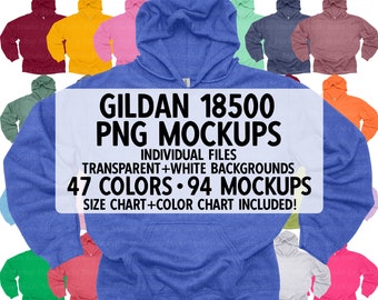 Hoodie Gildan 18500 G185 Mockup Bundle PNG Transparenter Hintergrund 94 Mockups Inklusive Farbkarte Und Größentabelle | PNG, JPEG