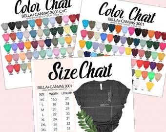 Bella Canvas 3001 Farbtabelle + Größentabelle für Unisex Tee Mockup (JPEG)