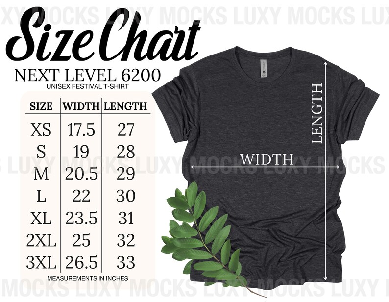 K&ouml;nnte beinhalten: Gr&ouml;&szlig;entabelle f&uuml;r ein Unisex-Festival-T-Shirt, die die Ma&szlig;e in Zoll f&uuml;r Breite und L&auml;nge angibt. Die Tabelle umfasst die Gr&ouml;&szlig;en XS, S, M, L, XL, 2XL und 3XL. Neben der Tabelle ist ein dunkelgraues T-Shirt abgebildet.