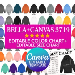 Plantilla de Canva Bella Canvas 3719 Tabla de colores editable + Tabla de tallas editable Sudadera con capucha PNG Maqueta de Canva Paquete Arrastrar y soltar