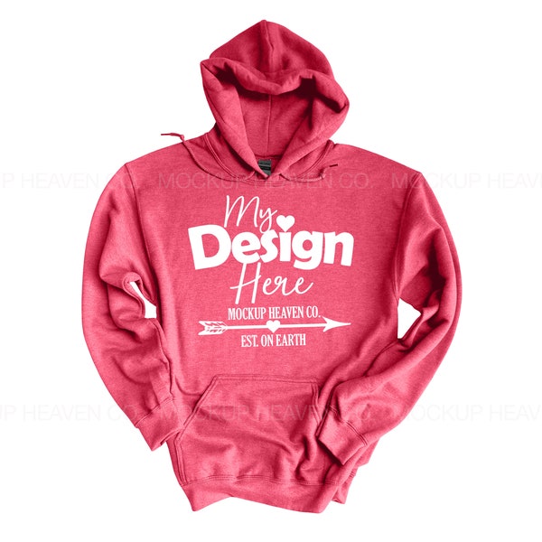 Gildan 18500 G185 Mockup Heather Sport Scarlet Red Color Heavy Blend Hooded Sweatshirt Unisex Hoodie Mockup Men's Women's Print On Demand