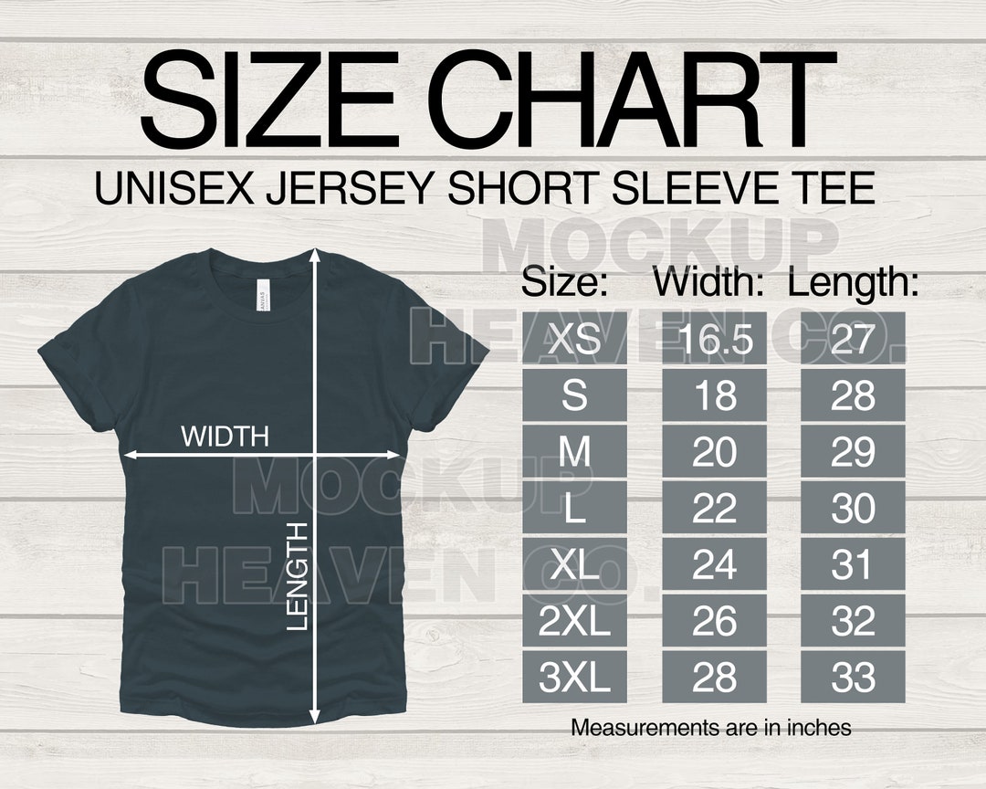 Bella + Canvas 3001 Size Chart Mockup: Unisex T-shirt (digital