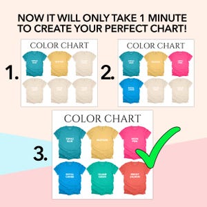 May include: Color chart showing different t-shirt colors. The colors are Topaz Blue, Mustard, Neon Pink, Royal Caribe, Island Green, and Bright Salmon.
