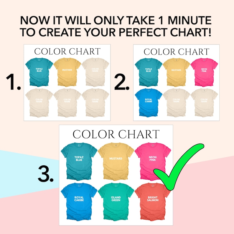 May include: Color chart showing different t-shirt colors. The colors are Topaz Blue, Mustard, Neon Pink, Royal Caribe, Island Green, and Bright Salmon.