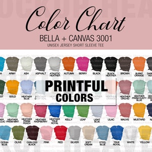 Tabla de colores Bella Canvas 3001 Colores de Printful para impresión bajo demanda Maqueta de camiseta Tabla de colores Printful Printify Etsy Shopify Tienda en línea