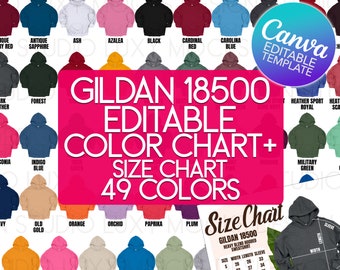 Gildan 18500-kleurenkaart canvassjabloon: maattabel en mockupbundel