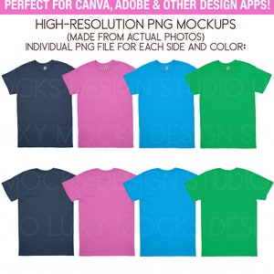 May include: A collection of t-shirt mockups in various colors, including navy, pink, blue, and green. The shirts are displayed with both front and back views, offering a comprehensive design presentation. Text at the top reads "HIGH-RESOLUTION PNG MOCKUPS".