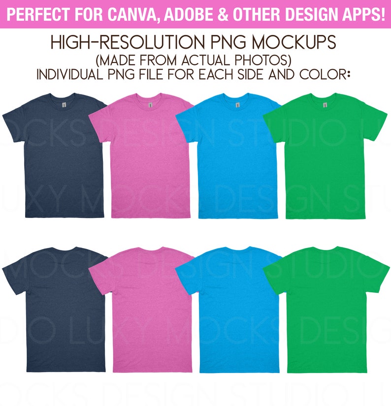 May include: A collection of t-shirt mockups in various colors, including navy, pink, blue, and green. The shirts are displayed with both front and back views, offering a comprehensive design presentation. Text at the top reads "HIGH-RESOLUTION PNG MOCKUPS".