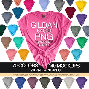 Gildan 64000 PNG Mockup Bundle Transparent + White Backgrounds All 70 Colors High Resolution, Real Photos Women&#39;s T-shirt Mockups G640
