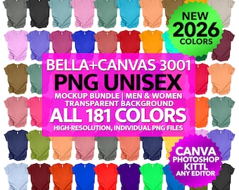 Bella Canvas 3001 PNG Mockup Bundle: 181 Heather & Solid Colors