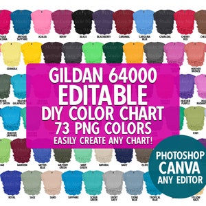 Gildan 64000 Nuancier modifiable DIY Drag And Drop | Échantillons PNG, modèles, en-têtes et tableau des tailles | G640 T-shirt Softstyle Tableau facile