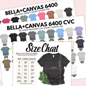 Paquete de tabla de colores y tabla de tallas Bella Canvas 6400 / Tabla de colores y tabla de tallas de remera relajada BC 6400 para mujer / Colores lisos jaspeados / 3 archivos JPEG