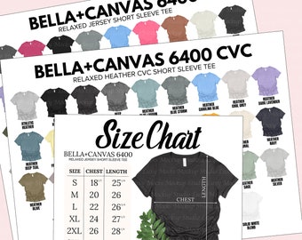 Bella Canvas 6400 Farbtabelle & Größentabelle (3 JPEG Dateien)