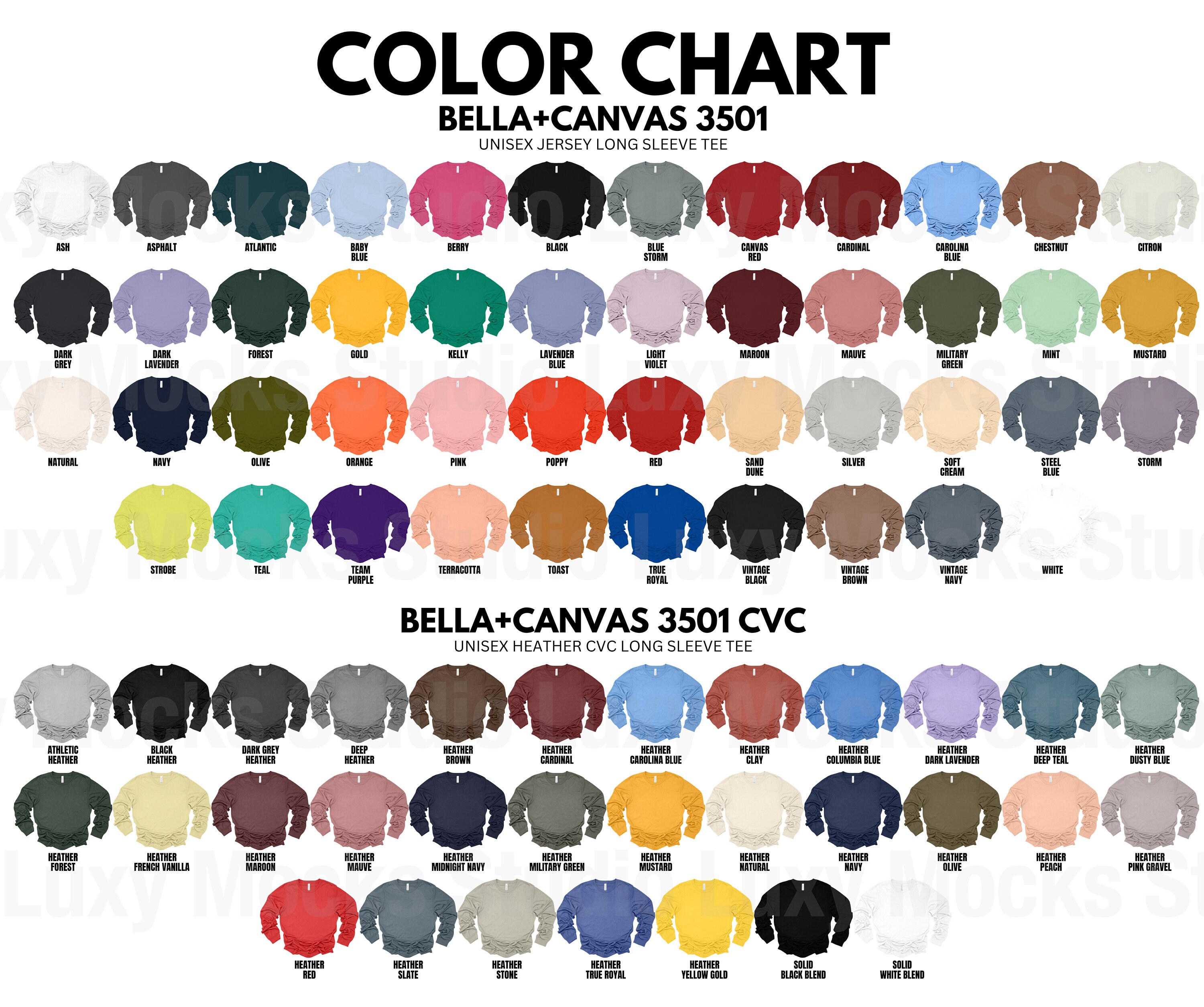 Bella Canvas 3501 Canva Template: Editable Color Chart, Size Chart, PNG ...