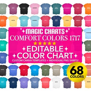 Tabla de colores editable Magic Charts Comfort Colors 1717 Tabla de tallas y maquetas de alta resolución para hombres y mujeres unisex