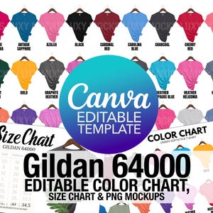 Women&#39;s Gildan 64000 G640 T-shirt Canva Template Editable Color Chart Size Chart + PNG Transparent Mockup Bundle | PNG Shirts on Hanger