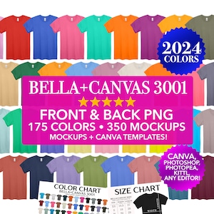 Maqueta PNG transparente unisex Bella Canvas 3001, lados delantero y trasero, tabla de colores y tabla de tallas editables (Canva), para hombres y mujeres, 2024
