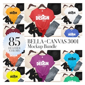 Paquete de maquetas Bella Canvas 3001 de 85 colores jaspeados en formato JPEG. Incluye tabla de colores y tabla de tallas. Diseño plano para verano, otoño y vacaciones para mujeres