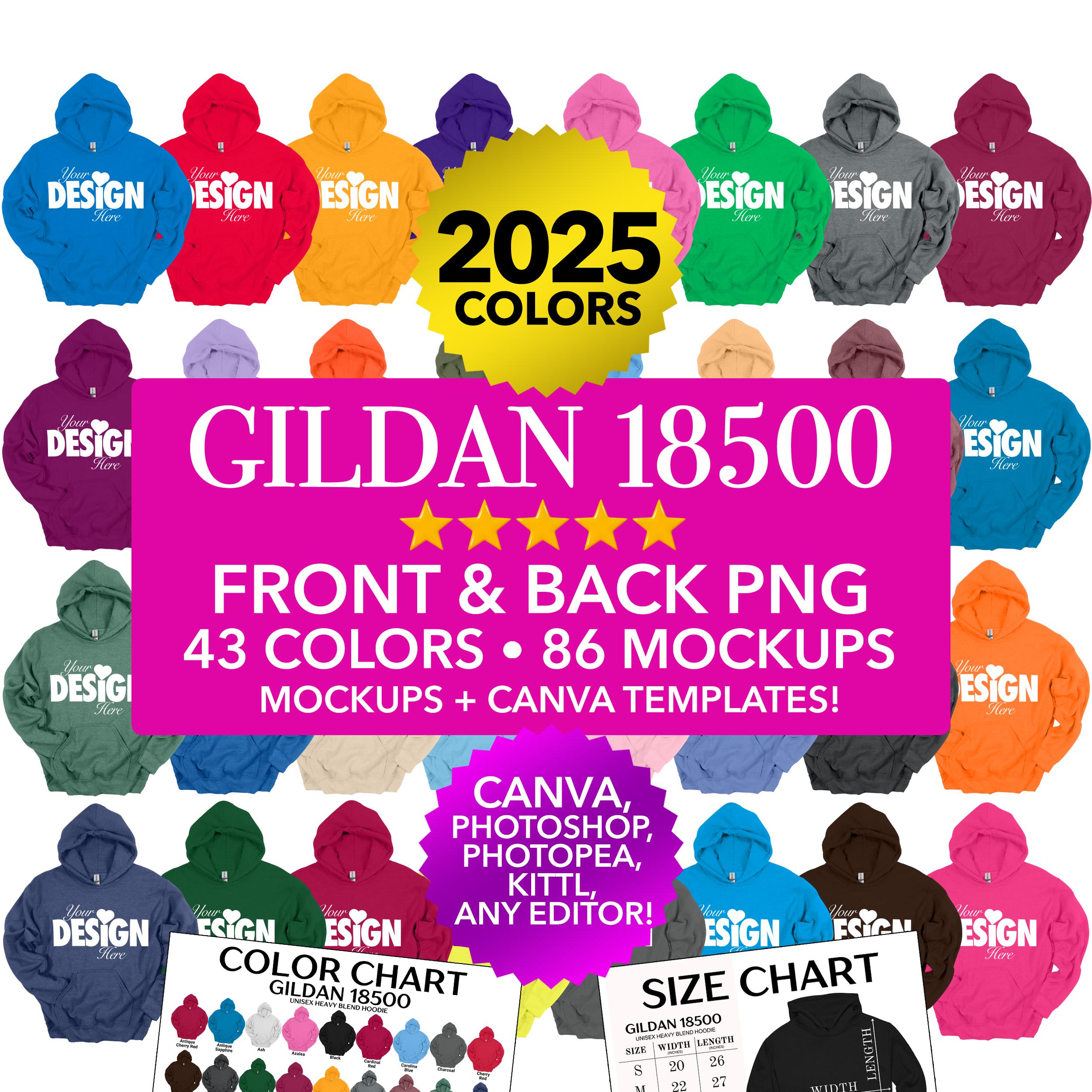 Gildan 18500 g185 Front And Back PNG Mockup Bundle New Unisex Flat Lay Transparent Background Color Chart Size Chart Holiday Fall  X2 2024