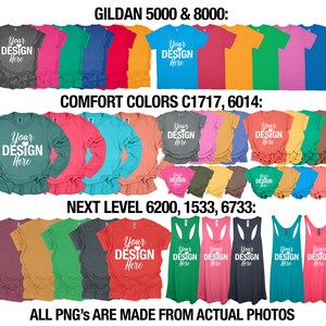 Puede incluir: Una colecci&oacute;n de camisetas y camisetas sin mangas en varios colores, incluidos rojo, azul, verde y amarillo. Las camisetas tienen el texto "Your Design Here" impreso en la parte delantera. GILDAN 5000 & 8000: COMFORT COLORS C1717, 6014: NEXT LEVEL 6200, 1533, 6733: ALL PNG'S ARE MADE FROM ACTUAL PHOTOS