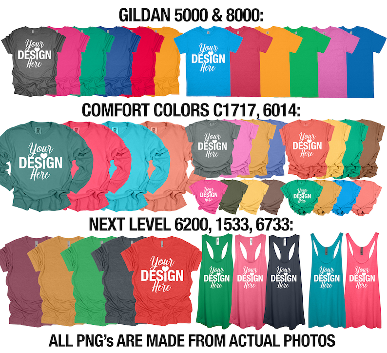 Puede incluir: Una colecci&oacute;n de camisetas y camisetas sin mangas en varios colores, incluidos rojo, azul, verde y amarillo. Las camisetas tienen el texto "Your Design Here" impreso en la parte delantera. GILDAN 5000 & 8000: COMFORT COLORS C1717, 6014: NEXT LEVEL 6200, 1533, 6733: ALL PNG'S ARE MADE FROM ACTUAL PHOTOS