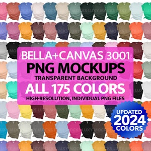 Maquetas PNG de Bella Canvas 3001 Todos los 175 colores sólidos + fondo transparente CVC jaspeado Maquetas de camisetas de alta resolución + Carta de colores 2024