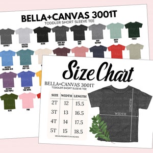 以下が含まれることがあります： ベラ+キャンバス 3001T 幼児用半袖Tシャツのサイズチャート。チャートには、2T、3T、4T、5Tのサイズの幅と長さの寸法がインチで表示されています。灰色のTシャツと緑の植物が示されています。