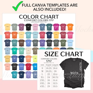 May include: Color chart and size chart for a heavyweight adult t-shirt. The chart shows 48 different colors and the size chart shows the width and length in inches for sizes S-4XL.