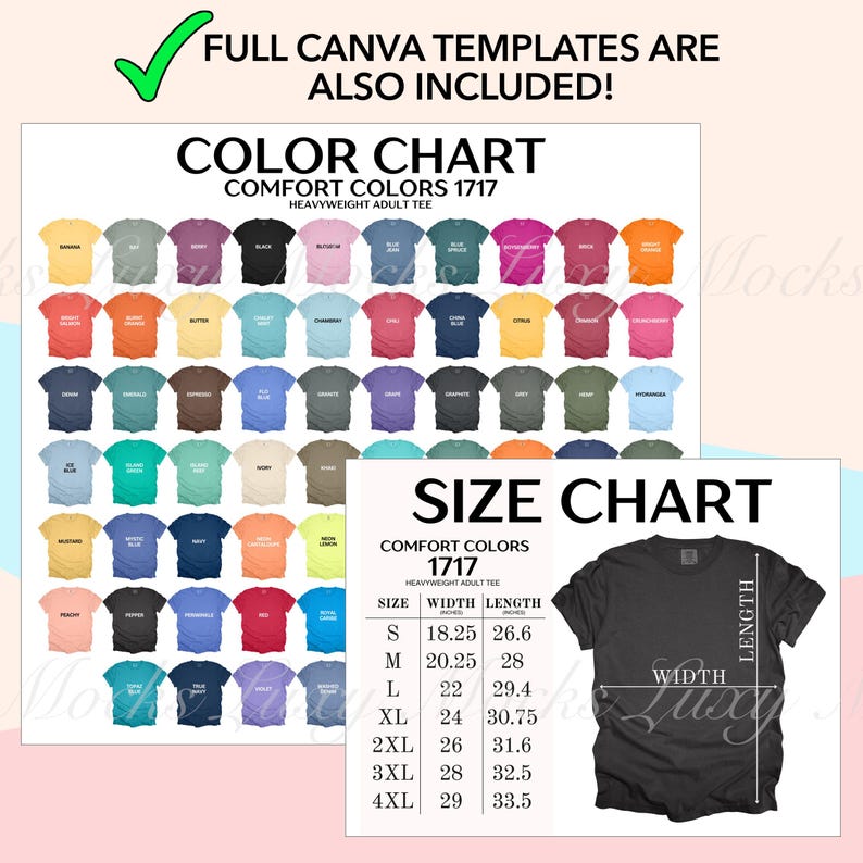 May include: Color chart and size chart for a heavyweight adult t-shirt. The chart shows 48 different colors and the size chart shows the width and length in inches for sizes S-4XL.