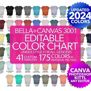 Editable Color Chart Bella Canvas 3001 169 PNG Transparent Files + 24 JPEG Templates Unisex Style Men Women T-shirt Mockup Custom Chart